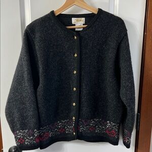 Millar 100% wool  Dark Gray Cardigan with Floral Design